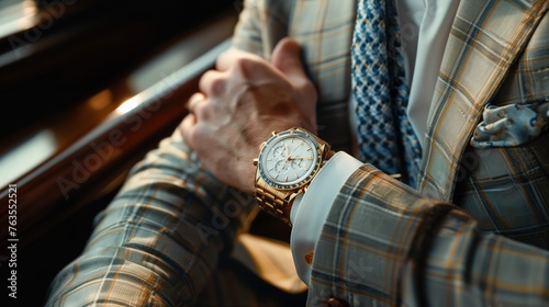 a man in a classic black suit wears a classic gold watch