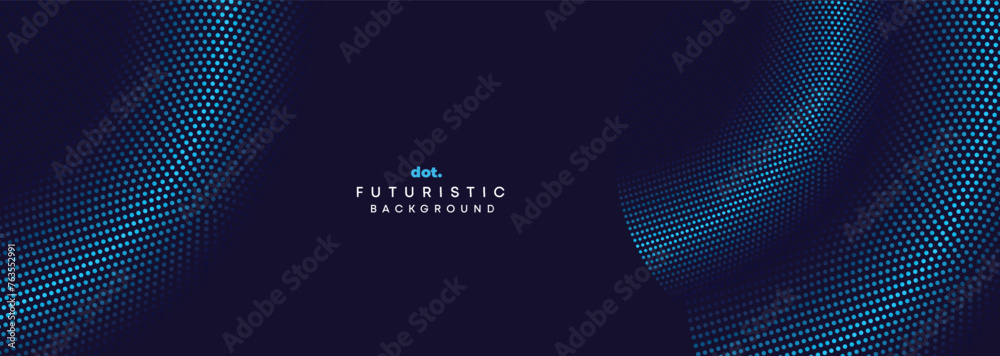 Abstract Blue, Green Gradient Circles Flowing Dot Waving Particle Geometric Technology Background. Digital Futuristic Dark Navy Blue Dotted Wave. Concept For Science, Music Cover, Website, Header - obrazy, fototapety, plakaty 
