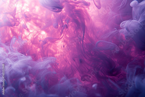 Ethereal viva magenta smoke, flowing with light and creating intricate splashes, set against an abstract background, reminiscent of ink blending in water