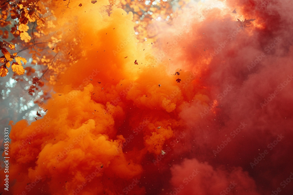 Fiery red, golden yellow, and deep orange smoke erupting in an aerosol-like explosion, creating a vivid and lively autumn scene