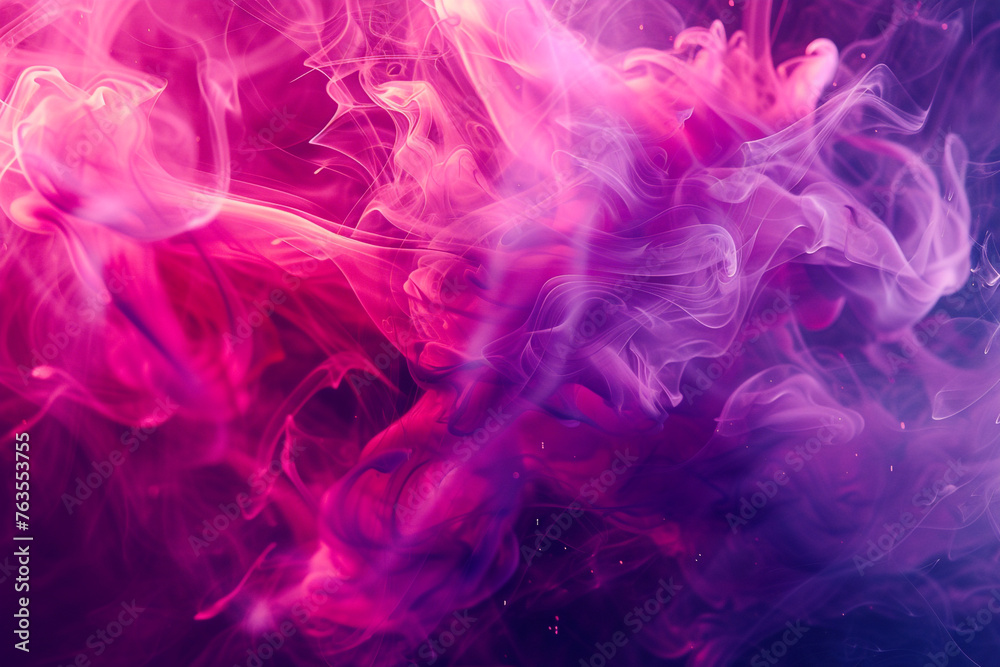 Luminous viva magenta smoke artfully flowing with light and splashes, creating a captivating abstract background with an ink-in-water effect