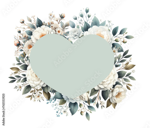 Floral heart frame with camellia and roses. Spring mint neutral frame with flowers. Wedding invitation, floral border. Watercolor illustration isolated on transparent background