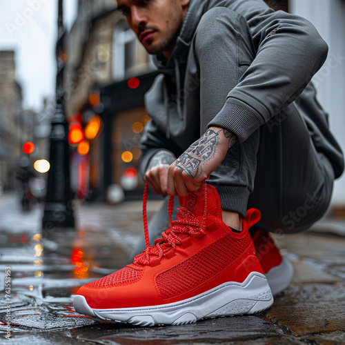 Person Running Walking and Tying Red Sneakers
