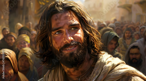 A closeup of Jesus after the resurrection, teaching and spreading hope and faith to the people during the Easter and Lent season.