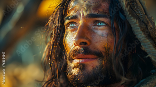 A closeup of Jesus after the resurrection, teaching and spreading hope to the people during religious holidays and events.