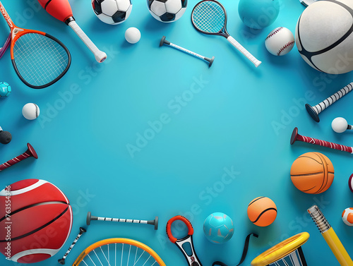Diverse Sports Equipment Composition on Blue Background  Ideal for Fun-filled Product Placement