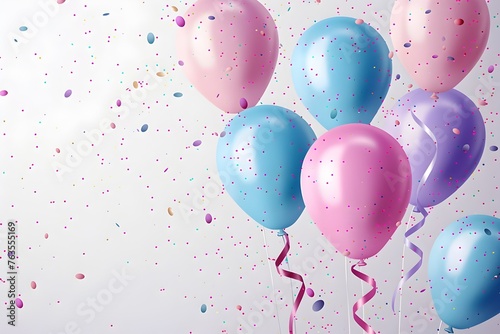 3D realistic blue and pink balloon, birthday theme with balloons and confetti on white background. party concept, business success, happy new year celebration or birthday wedding background