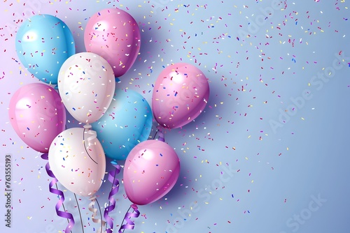 3D realistic blue and pink balloon, birthday theme with balloons and confetti on light blue background. party concept, business success, happy new year celebration or birthday wedding background