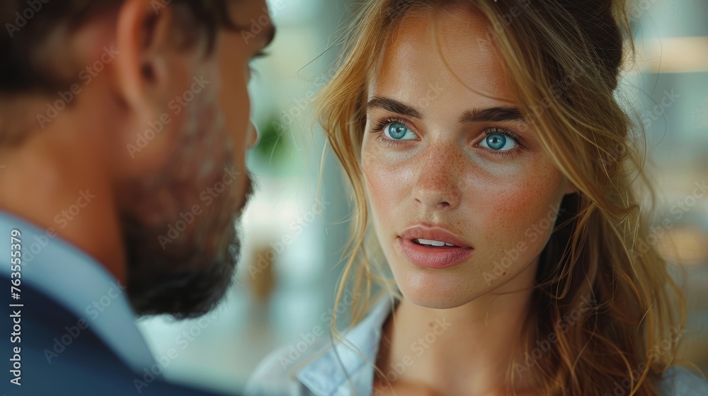 Professional Woman Nervously Interviewing for a Job with Male Boss in Corporate Office Generative AI Professional Woman Nervously Interviewing for a Job with Male Boss in Corporate Office Generative AI