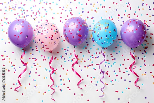 3D realistic blue, purple and pink balloon, birthday theme with balloons and confetti on white background. party concept, business success, happy new year celebration or birthday wedding background