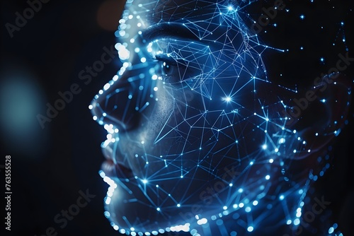 Artificial Intelligence. digital art piece showcases a closeup profile view of a woman face, composed entirely of glowing blue and white dots, radiating a sense of futuristic technology