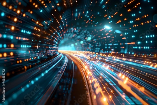 high speed data transfer and internet technology concept with futuristic digital background of light trails moving fast in tunnel, cyber security, communication, network connection technology concept