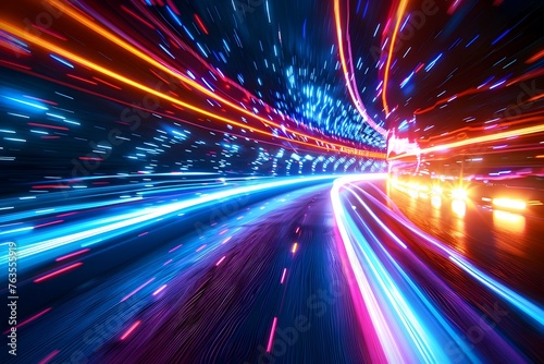 high speed data transfer and internet technology concept with futuristic digital background of light trails moving fast in tunnel, cyber security, communication, network connection technology concept