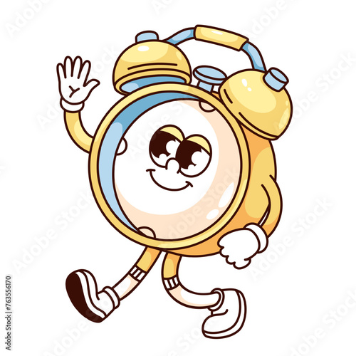 Groovy retro alarm clock cartoon character walking and waving. Funny yellow classic clock with bell, surprise and morning wakeup call mascot, cartoon alert sticker of 70s 80s style vector illustration