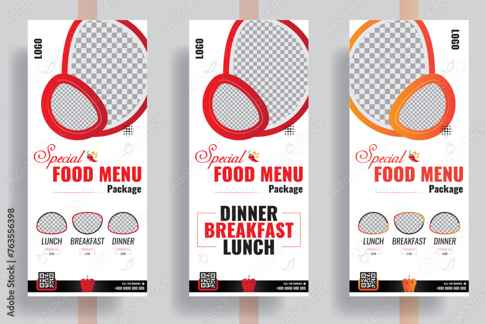 Φωτογραφία Food Banner, Fast food restaurant business marketing roll up or x banner template design with abstract background, social media icon