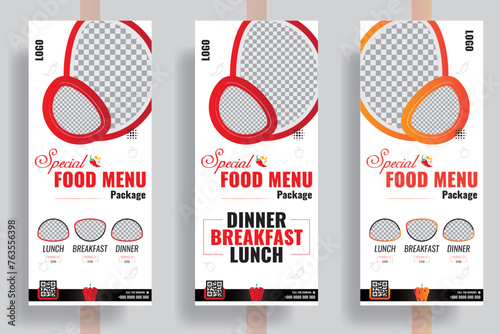 Food Banner, Fast food restaurant business marketing roll up or x banner template design with abstract background, social media icon. Pizza, burger & healthy food sale web banner, rack card or flyer.