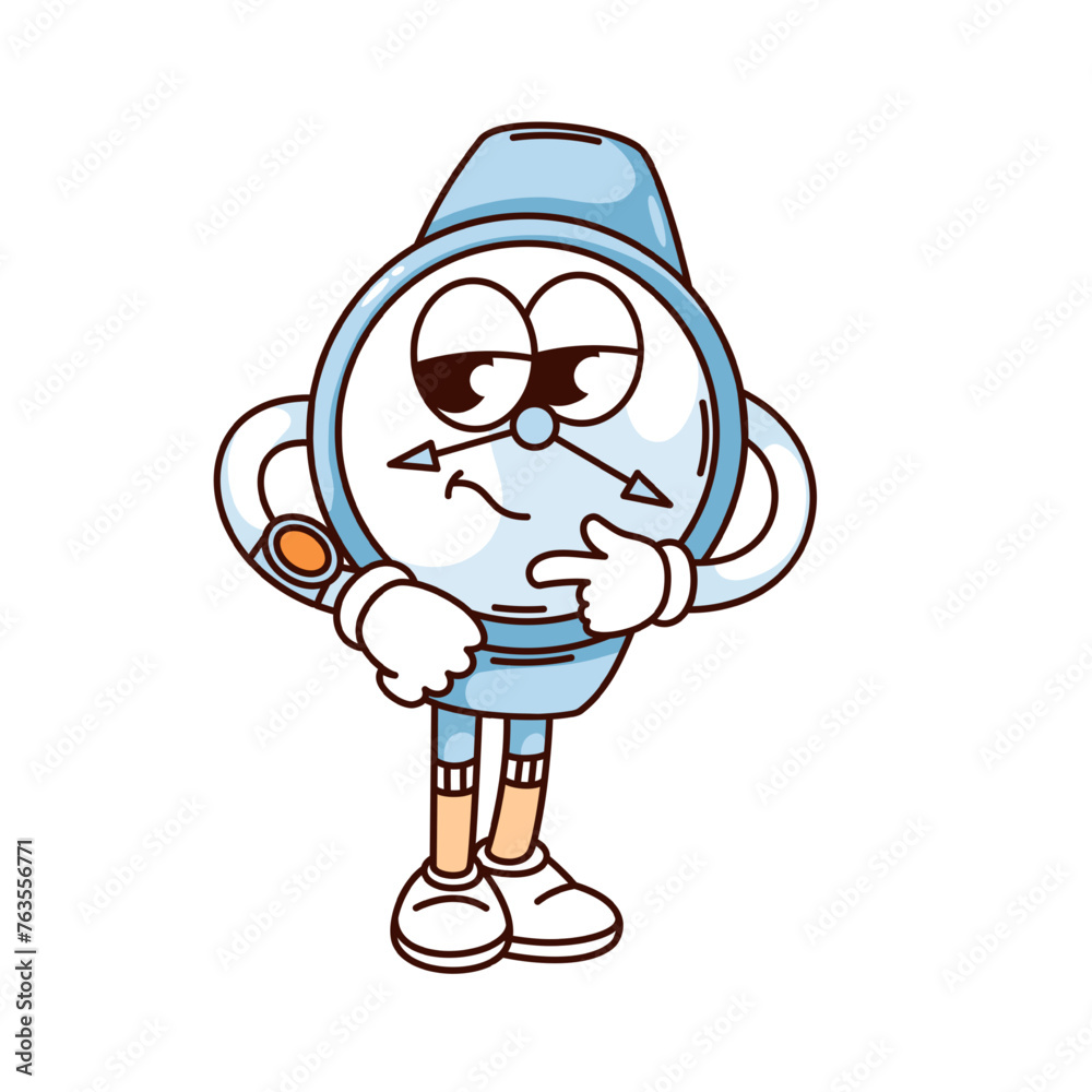 Obraz premium Groovy watch cartoon character pointing to wristwatch on hand with finger. Funny retro punctual blue clock, time check and delay mascot, cartoon wristwatch sticker of 70s 80s style vector illustration