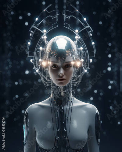 Android with glowing halo, embodying a serene sci-fi grace. Generative AI.