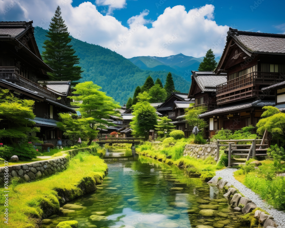 Idyllic Japanese village with traditional houses nestled beside a clear stream. Generative AI.
