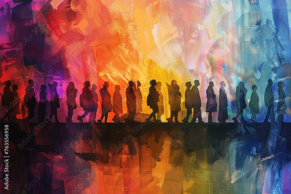 A digital art piece depicting diverse individuals standing in a row The scene is illuminated with soft lighting, creating a sense of community pride Generative AI