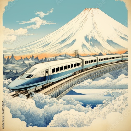 High-speed train streaking past snow-capped mountains and a traditional torii gate. AI Generated.