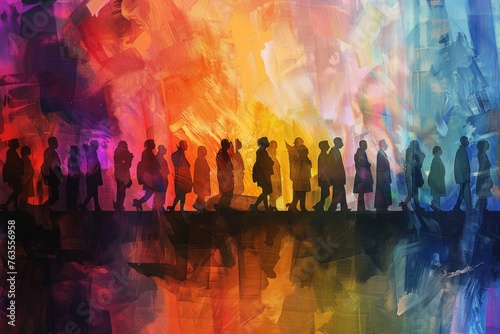 A digital art piece depicting diverse individuals standing in a row The scene is illuminated with soft lighting, creating a sense of community pride Generative AI