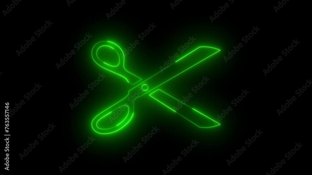 Neon glowing green scissor icon animation in black background Neon glowing green scissor icon animation in black background