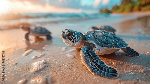 Group of Young Turtles Making Their Way to the Sea on the Beach Generative AI