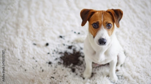 Dog next to a pile of soil on white carpet with a guilty look. Puppy made a mess on the rug. Concept of mischievous pet, domestic animals, home mess, pet training, playful mischief
