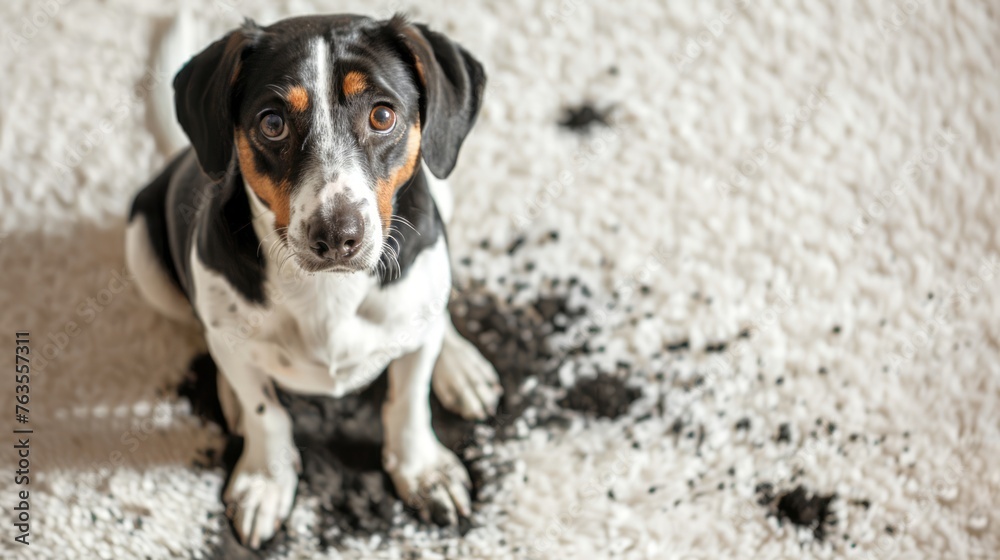 Dog next to a pile of soil on white carpet with a guilty look. Puppy made a mess on plush rug. Concept of mischievous pet, domestic animals, home mess, pet training, playful mischief. Copy space