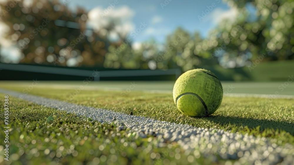 Tennis ball close-up against the background of a green tennis field
