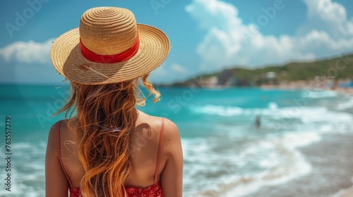 Slender Girl's Perfect Vacation on an Italian Beach in a Straw Hat Generative AI