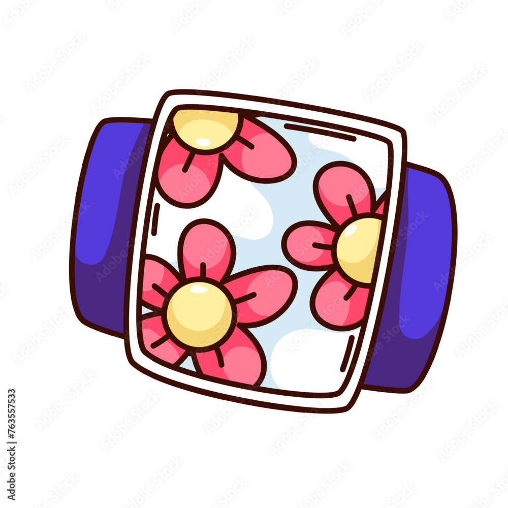Obraz premium Groovy cartoon wristwatch with summer flowers on dial. Funny retro floral watch with purple bracelet and hippie vibe, happy time mascot, cartoon wristwatch sticker of 70s 80s style vector illustration