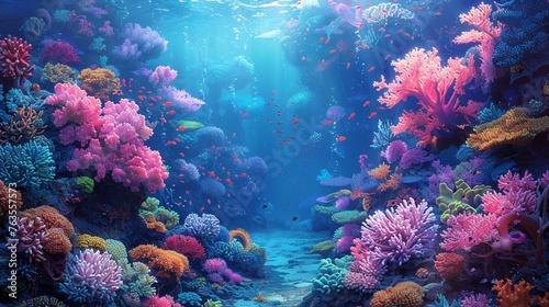 Vibrant coral reef in ocean waters. Artwork. Colorful corals. Concept of marine life, underwater biodiversity, tropical ecosystem, and natural aquarium. DMT art style illustration © Jafree