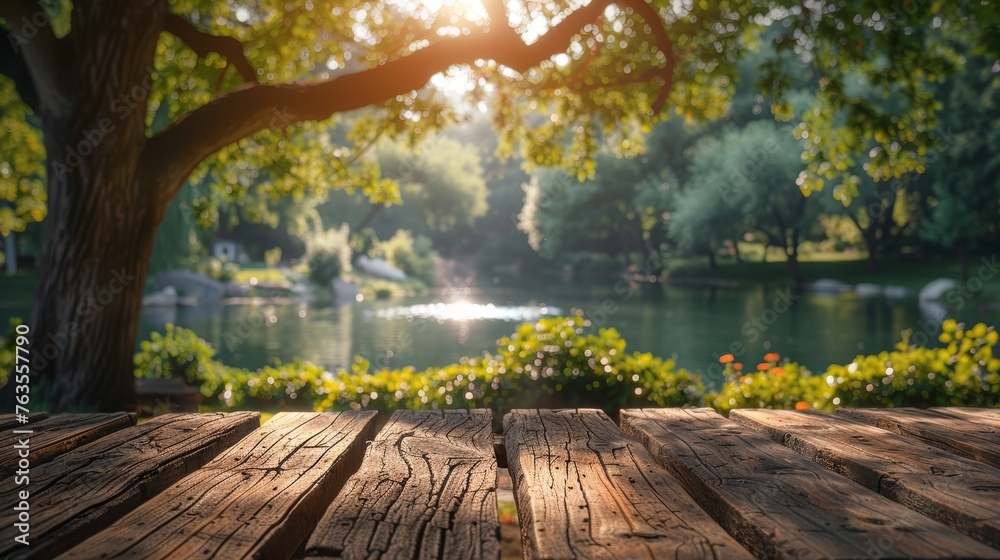 Serene Summer Garden: A Rustic Wooden Table in a Lush Forest Landscape Generative AI
