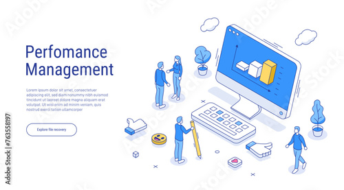 Performance management outline isometric concept. Character managing work task, setting goals and objectives to professional development, personal improvement and growth. 3d Vector line illustration. © shendart