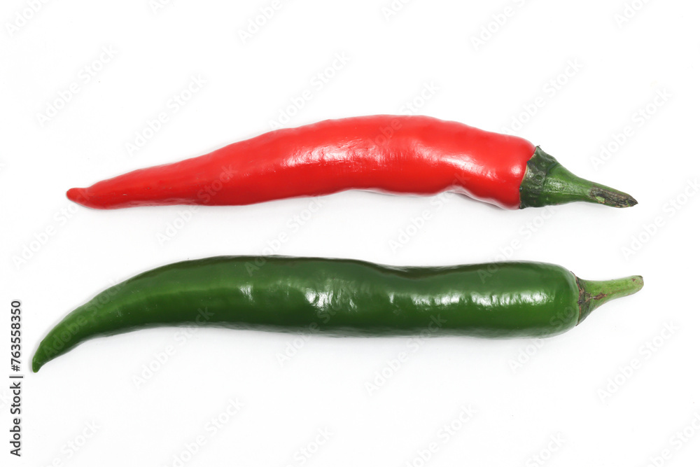 Red and green hot chili pepper top view isolated on white background clipping path