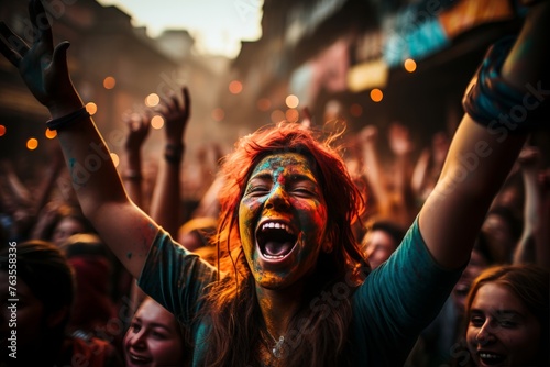 Vibrant holi festival celebration in india with large crowd covered in an array of colorful paints