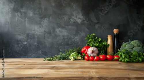 potatoes and green vegetables are arranged in a visually appealing manner on the wide kitchen table. Empty space in the center of the table to create balance and draw attention to the wood grain.