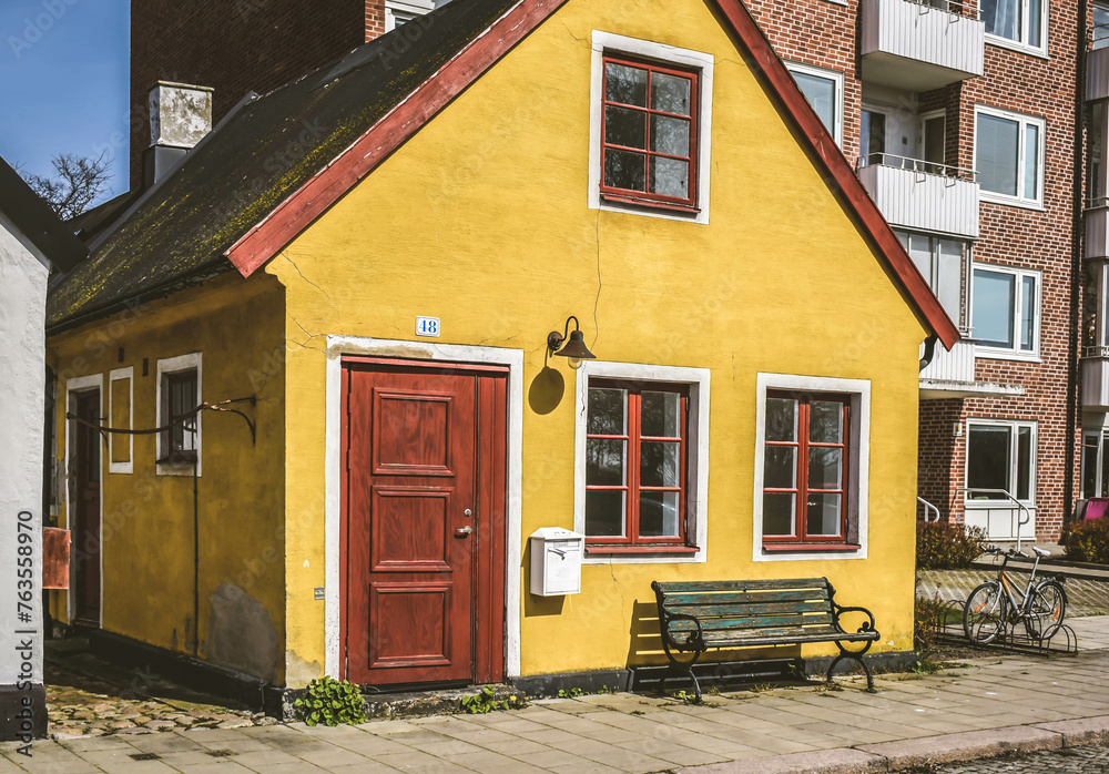 Residential buildings area with colorful houses in Sweden. Swedish scandinavian architecture Residential buildings area with colorful houses in Sweden. Swedish scandinavian architecture