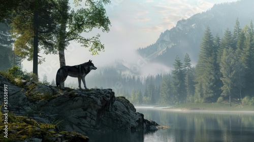 the rock and silhouette of a wolf are in the foreground  and the forest lake and surrounding wilderness are in the background. Pay attention to environmental details such as trees  rocks and water.