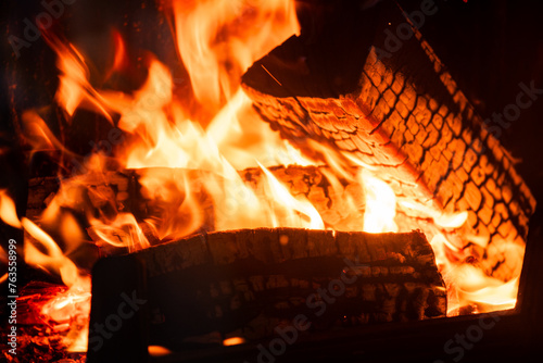Photos Close-up of wood burning in the fireplace