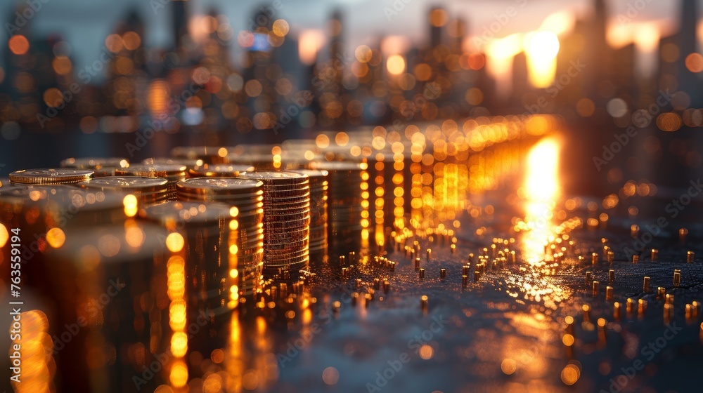 Gold Bars Shining Against City Skyline with Sunset and Uptrend Graph: A Prosperous Outlook Generative AI