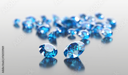 Blue diamond sapphire placed on glossy background main object focus 3d rendering 