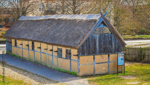 Reconstructed wooden viking fortress Trelleborgen in Trelleborg. Viking house
