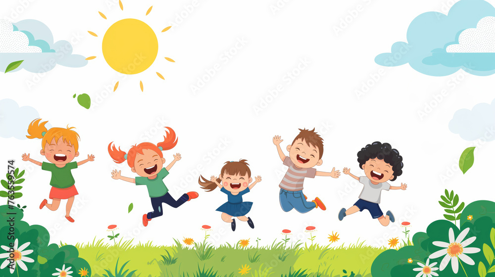 Cute cartoon children's illustration style, several kids jumping happily in the sun on green grass with white background, colorful cartoon characters.