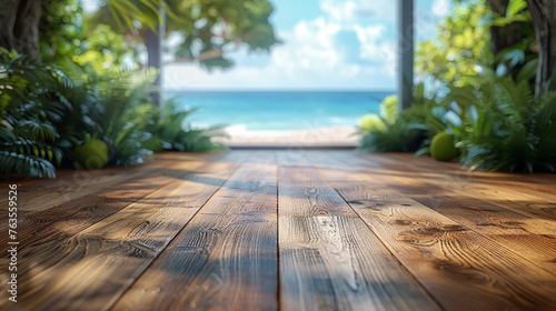 Close-up of New Brown Matte Oak Texture Laminate Flooring against a Blurred Beach Scene Backdrop Generative AI