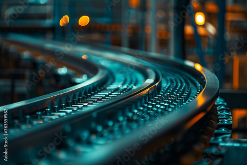 A close-up of a conveyor belt in an industrial factory, the products moving along the belt creating a rhythmic pattern