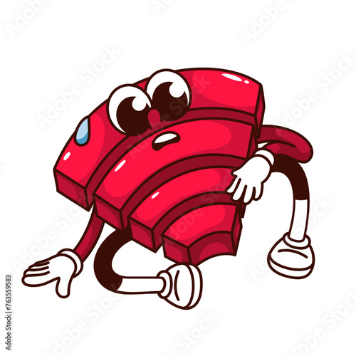 Groovy tired wifi cartoon character with sad expression. Funny retro weak red wireless connection sign, unstable and bad network mascot, cartoon slow wifi sticker of 70s 80s style vector illustration
