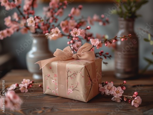 A brown box with a ribbon on top sits on a table next to a vase of pink flowers